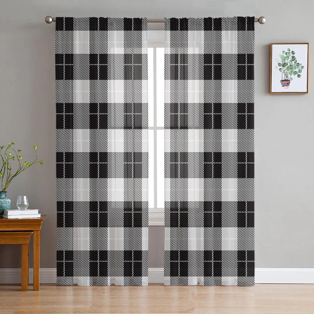 Black Grey Plaid Tulle Curtains For Living Room Bedroom Modern Chiffon Sheer Kitchen Curtains