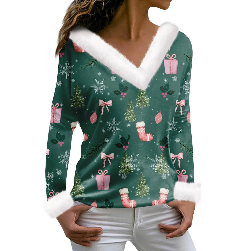 Женская футболка с рождественским принтом, футболка с длинным рукавом, флисовый воротник, топ с V-образным вырезом