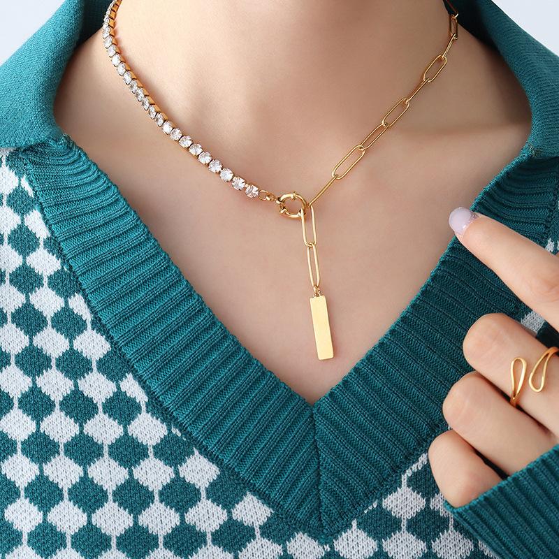 Wind Does Not Fade Temperament Zircon Inlaid Square Strip Pendant Clavicle Neck Chain Titanium Steel Necklace P122