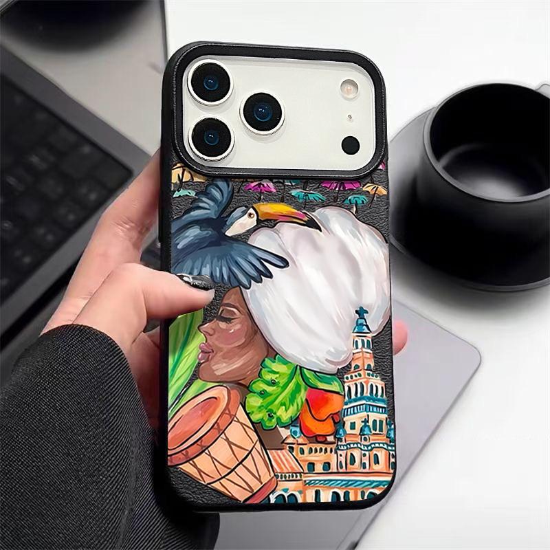 For iPhone 17 Pro Max Case Luxury Tropical-style Toucan Pattern Leather Texture Silicone Cover For iPhone 16 Pro Max 15 14 13 12 11 16E Air