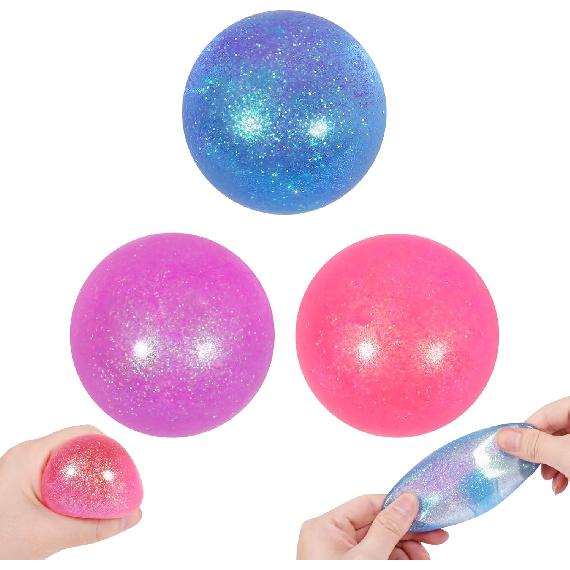 3pcs Sugar Ball,2.5" Slow Rise Squishy Stress Relief Balls Stretch Clear Glitter Malt Syrup Filled Moldable Relaxing Sensory Fidget Stress Toy for