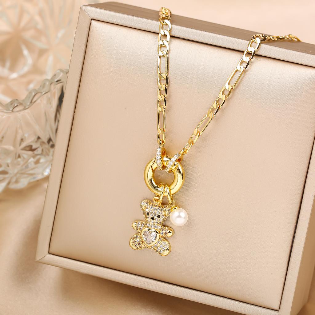 Sparkling Crystal Zirconia Animal Cute Bear Pendant Necklace Classic for Woman Girl Holiday Clavicle Chain Jewelry Casual Gifts
