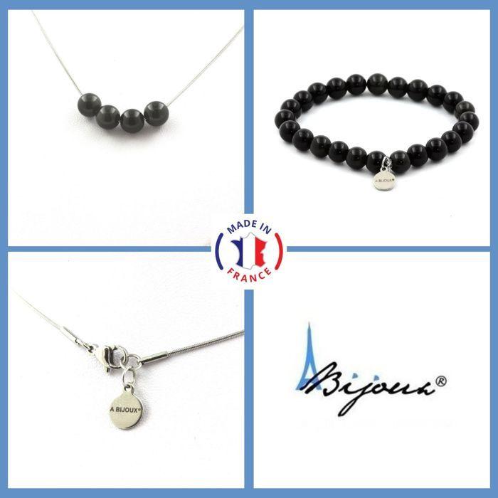 Stones and Minerals. Set Bracelet Necklace 4 Beads Black Obsidian 8 Mm. Chain In Customizable Size.