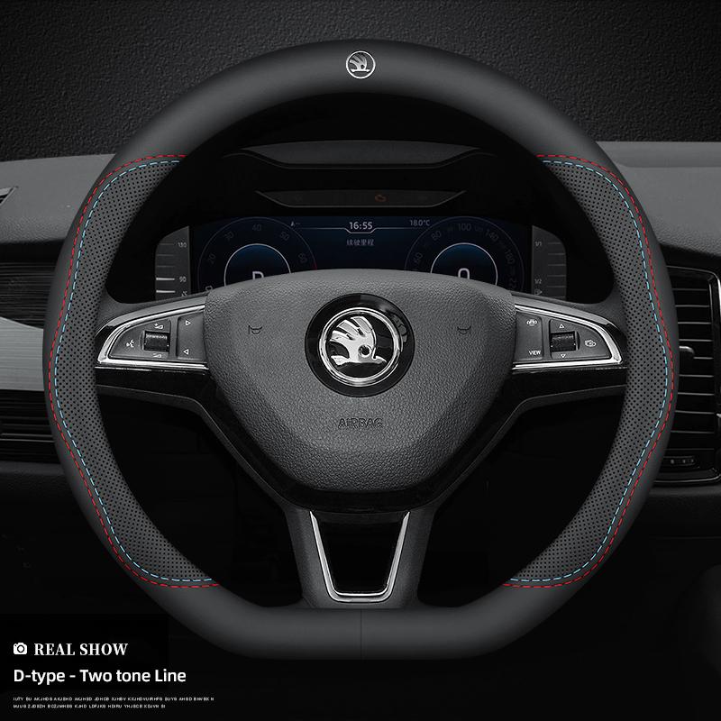 gaxjz5 Car Leather Steering Wheel Cover Anti-slip Accessories For Skoda Yeti Kamiq Kodiaq Karoq Octavia Fabia Rapid Vrs Superb A4 Scala