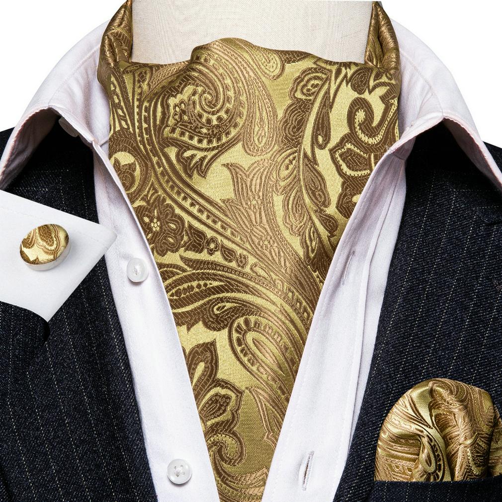 Barry.Wang Mens Formal Wedding Cravat Tie Pocket Square Cufflinks Silk Paisley Plaids Ascot Tie Set