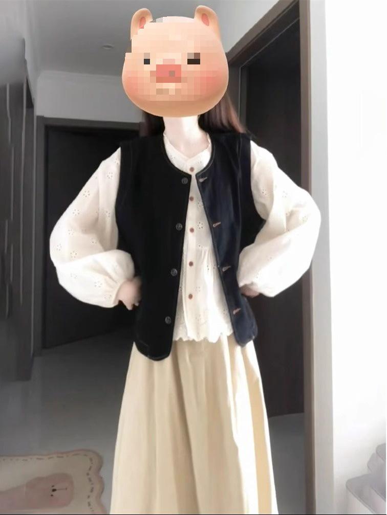 Женский осенний французский милый короткий джинсовый кардиган-жилет с полуюбкой и комплектом белой рубашки с длинным рукавом