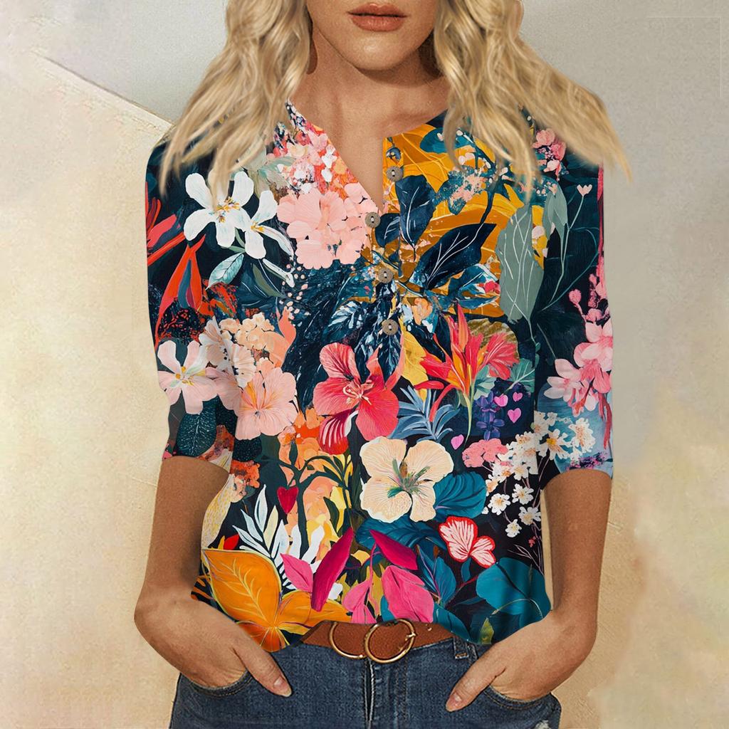 Женский свободный повседневный топ с рукавом семь четвертей и цветочным принтом с круглым вырезом на пуговицах