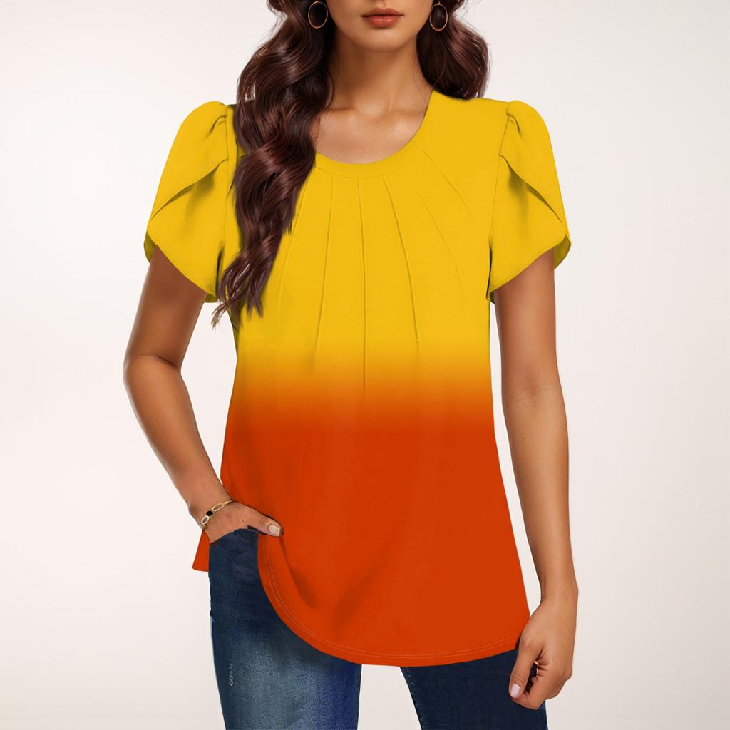 Женская модная футболка с круглым вырезом и коротким рукавом с градиентным принтом, повседневная базовая плиссированная футболка-пуловер