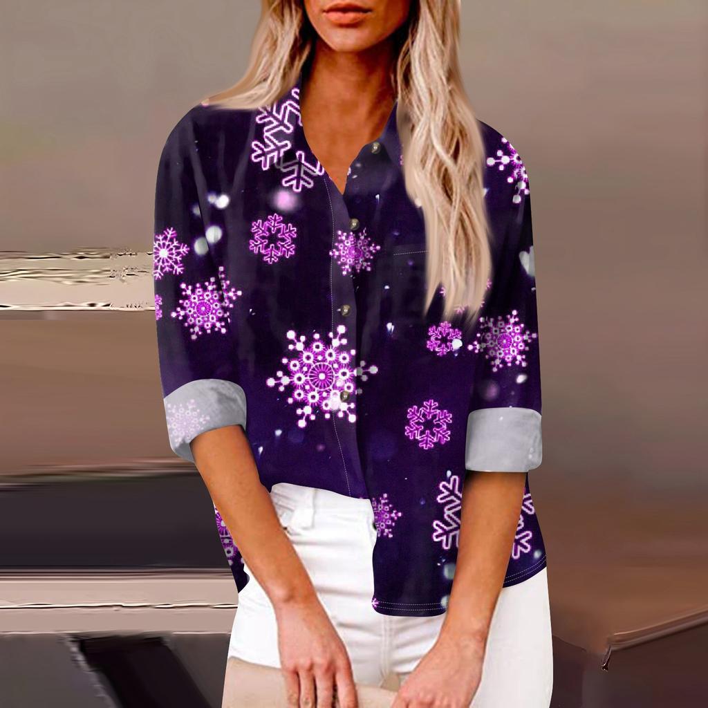 Женская свободная повседневная рубашка с длинными рукавами и рождественским принтом, кардиган с принтом и карманами