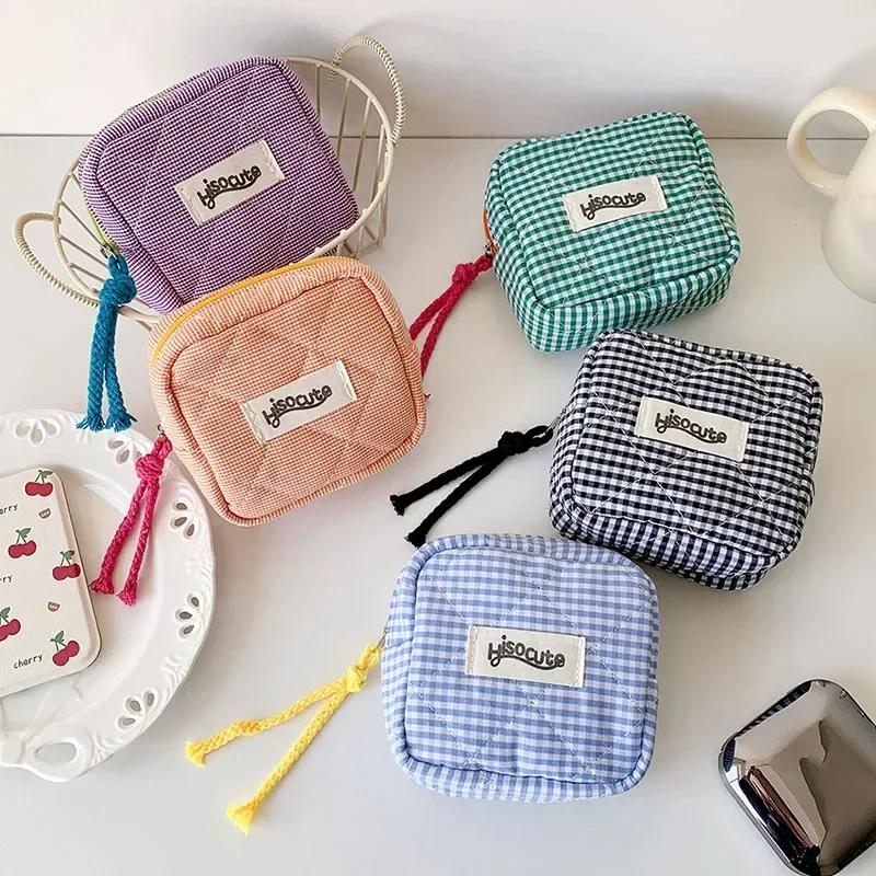 Мини-клетчатая многофункциональная косметичка для хранения помады, минималистичный клетчатый косметичка из полиэстера, маленький кошелек для монет на молнии