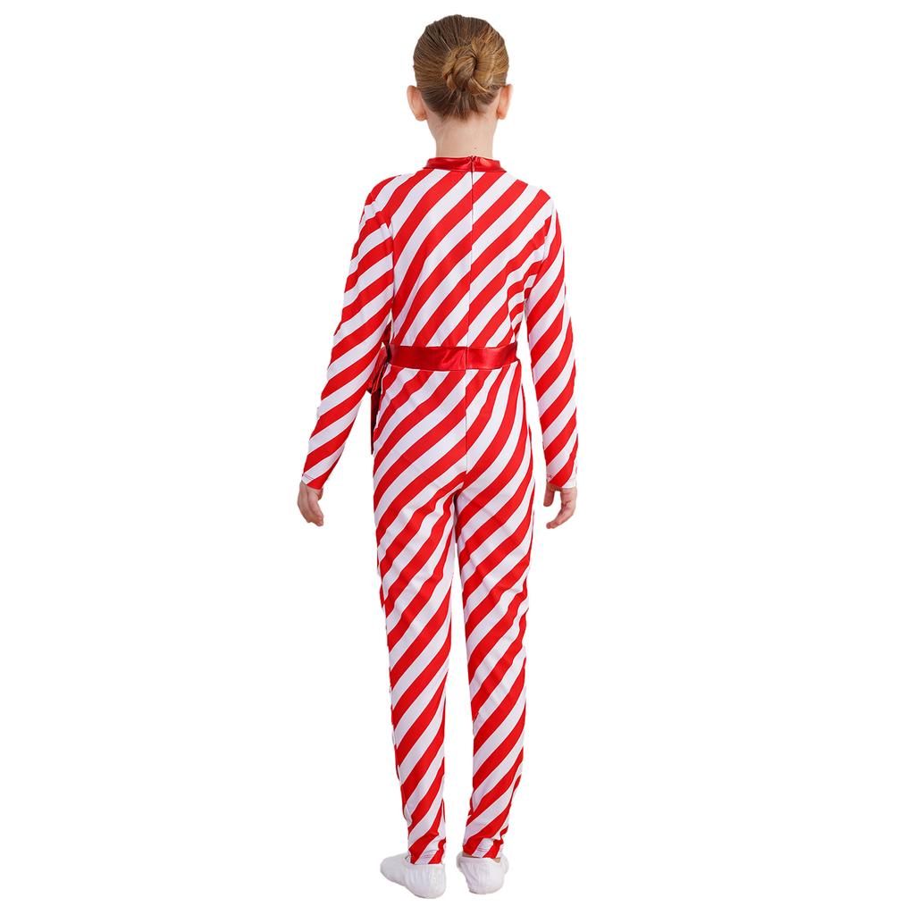 Girls Candy Cane Costume Striped Design Long Sleeve Bow Knot Bodysuit Dance Jumpsuit Christmas Party Outfit