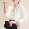 Elegant Women Shirt Korean Blouse Office Long Sleeve White V Neck Tops Casual Vintage Pullovers