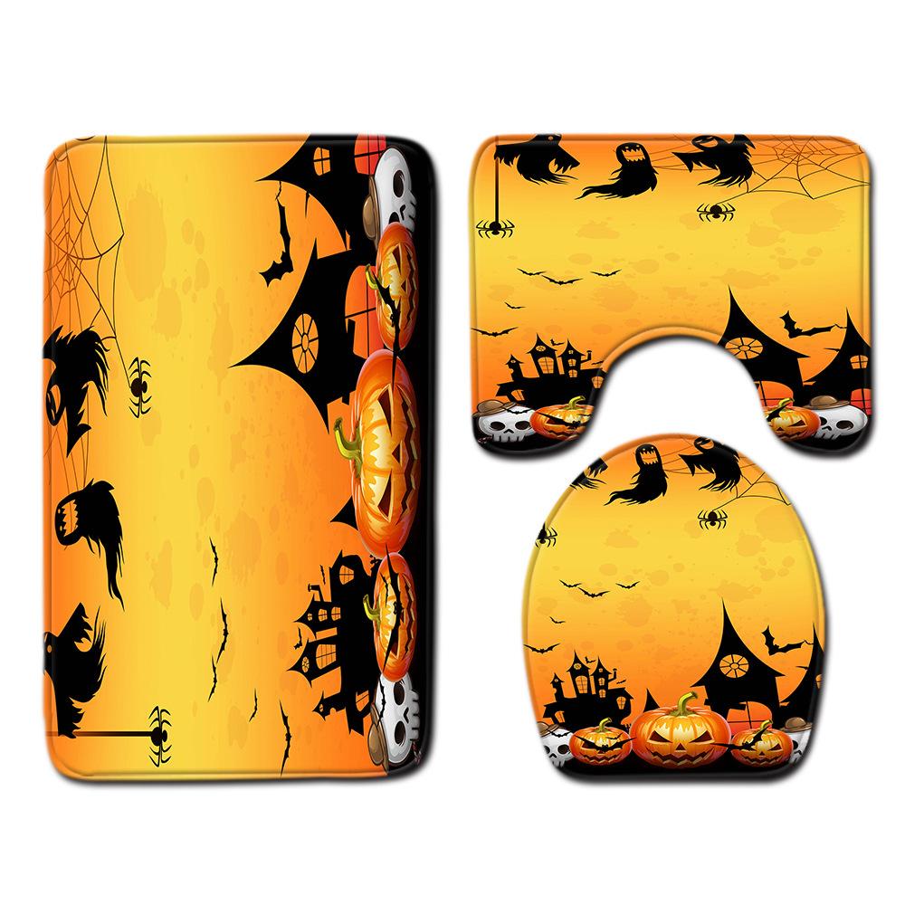 Halloween Shower Curtain Floor Mat Combination Four-Piece Set Bathroom Toilet Carpet Shower Room Foot Mat