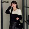 Плюс Размер Женский Круглый вырез Цвет Контрастная строчка Кружева Осенний Повседневный Свободный вязаный свитер