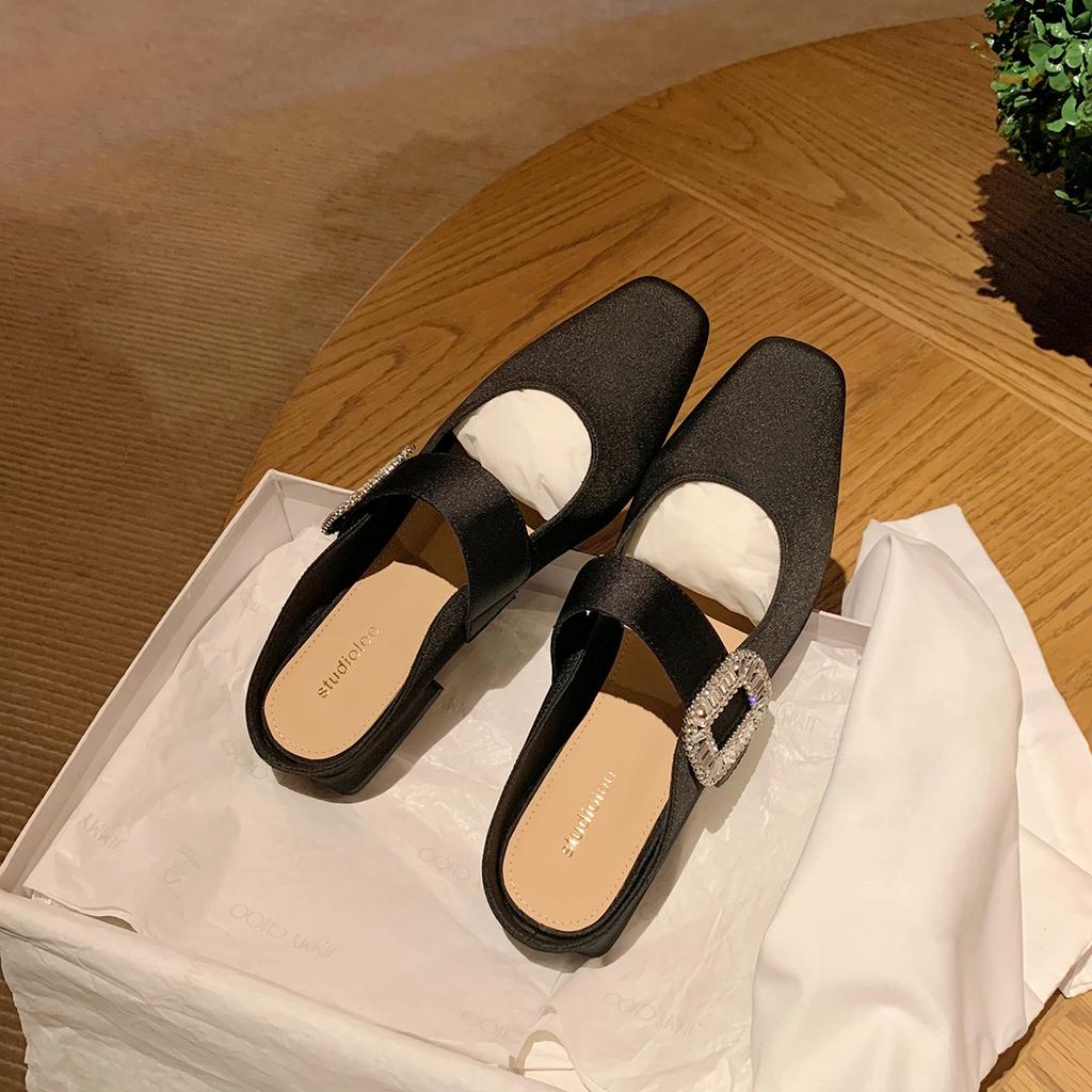 Владелица поместья~ Блестящая бриллиантовая пряжка квадратная голова ширина один символ ремень низкий толстый каблук овчина полусабо женские летние