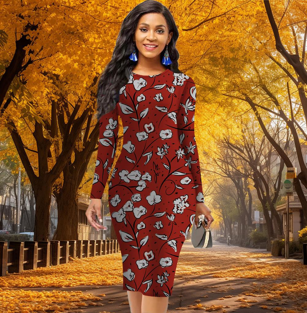Long Sleeve Waist Tight Office Slim Fit Creative Kapok Flower Printing Elegant Bodycon Dress