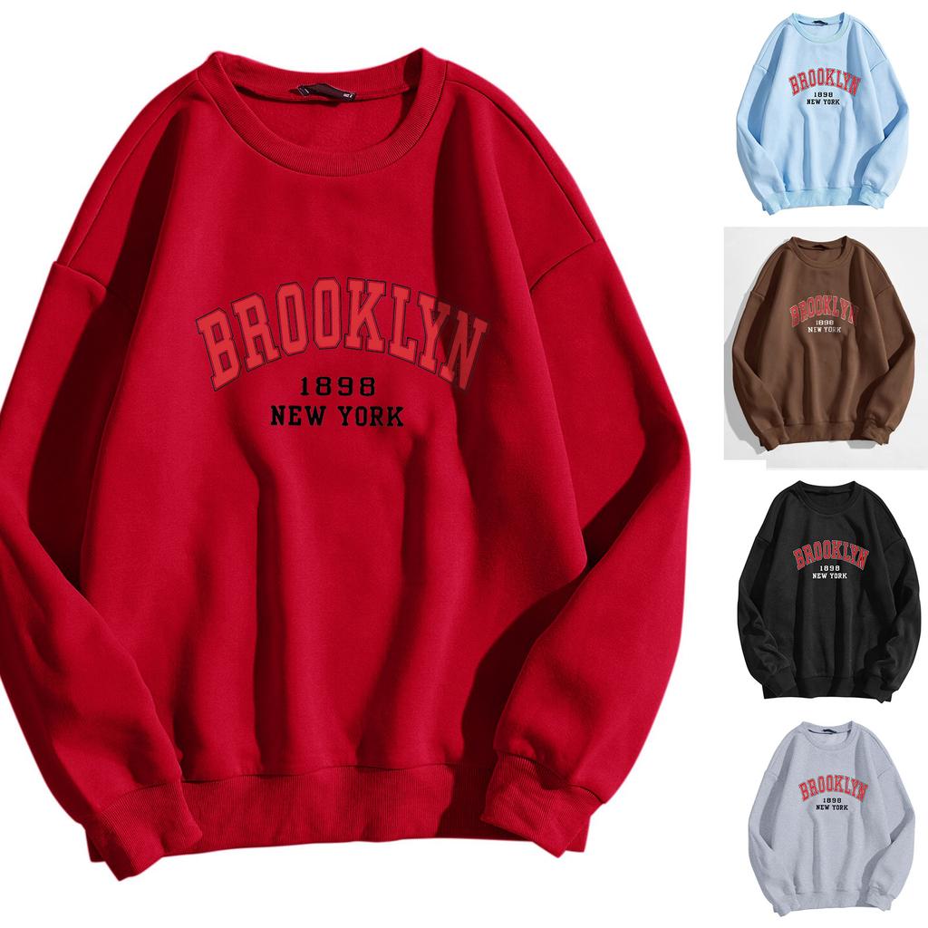 Autumn/Winter Women's Casual Sweatshirt: Round Neck, Long Sleeves, Letter Print, Fleece-Lined