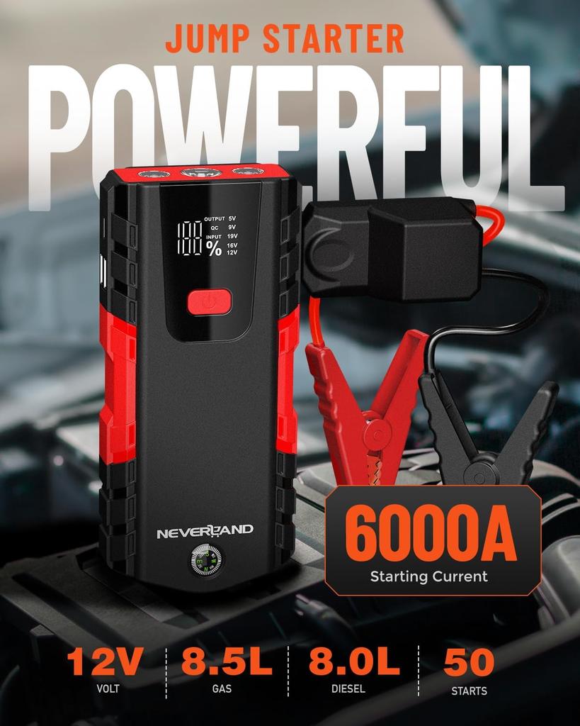 Пусковое устройство для автомобильного аккумулятора 6000 А, Портативный блок питания для бензиновых двигателей до 8,5 л / дизельных двигателей до 8 л, 4-режимный светодиодный фонарь, USB-порты, Компас, Красный
