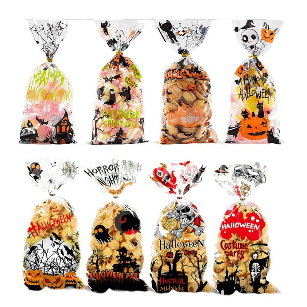 50pcs Snack Pouch Halloween Candy Bags Transparent Cellophane Pack Gift Bags  Kids Party Favors