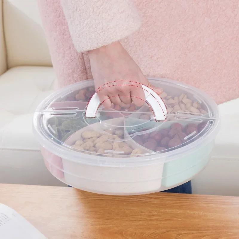 Snack Candy Round Tray Snack Dried Fruit Box with Cover Compartment Detachable 5 Grid Food Storage Box Household Plates WithLid