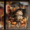 Осенняя наклейка на окно с кошкой в ретро-стиле с теплыми элементами. Самоклеящаяся и бесшовная наклейка.