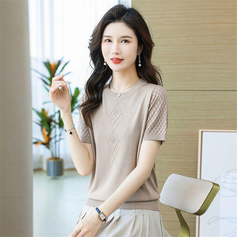 Женская летняя тонкая однотонная трикотажная футболка Hollow Ice Silk с коротким рукавом, новый модный топ с круглым вырезом