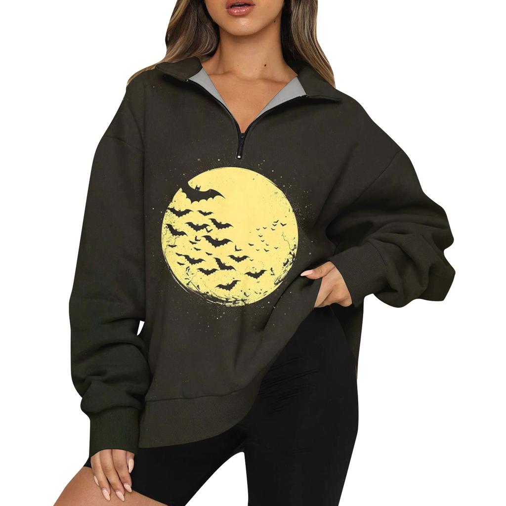 Women's Casual Fashion Long Sleeve Print Oversize Zip Sweatshirt Top