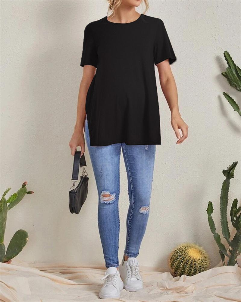 Новые повседневные однотонные топы для беременных, одежда для беременных с разрезом и сотней топов с круглым вырезом, топы с короткими рукавами