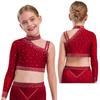 Girls Sparkly Dance Tops Unique Irregular Shoulder Crop Top Rhinestone Decorated Stage Performance Costume