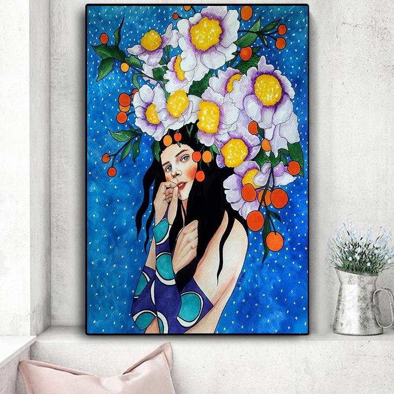Винтажная абстрактная девушка, волосы, цветок, женская настенная живопись на холсте, модный плакат на скандинавскую тему, настенные панно для гостиной, без рамы