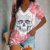 New Summer Women Fashion T-shirt Skull Printing V-Neck Tops Tees Female Vintage Short Sleeve Clothing Ladies Daily Casual Outfit