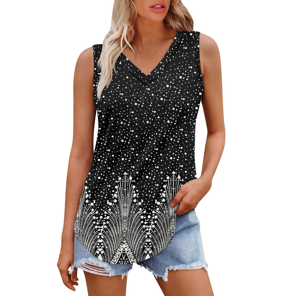 Женская майка с V-образным вырезом и принтом, повседневная майка, свободный крой, топы без рукавов, струящиеся