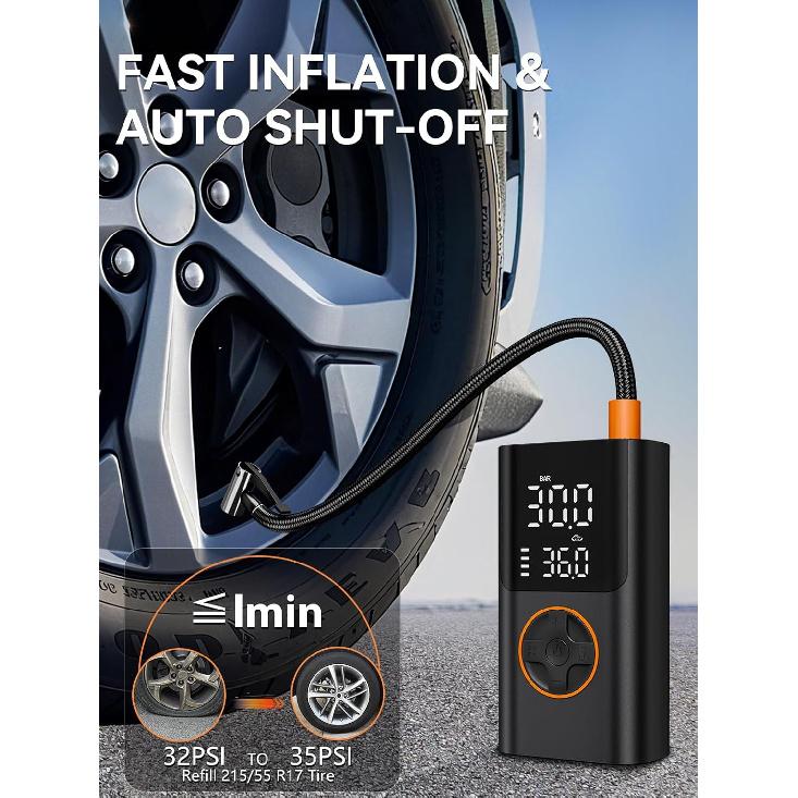 AIRSURE Tire Inflator Portable Air Compressor, Bike Pump With Gauge And USB Charging Output, 150PSI Fast Inflation Portable Tire Inflator For Car