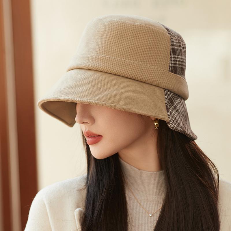 High sense fashion splicing plaid bucket hat women's autumn and winter new light luxury face cover hat British temperament thermal hat