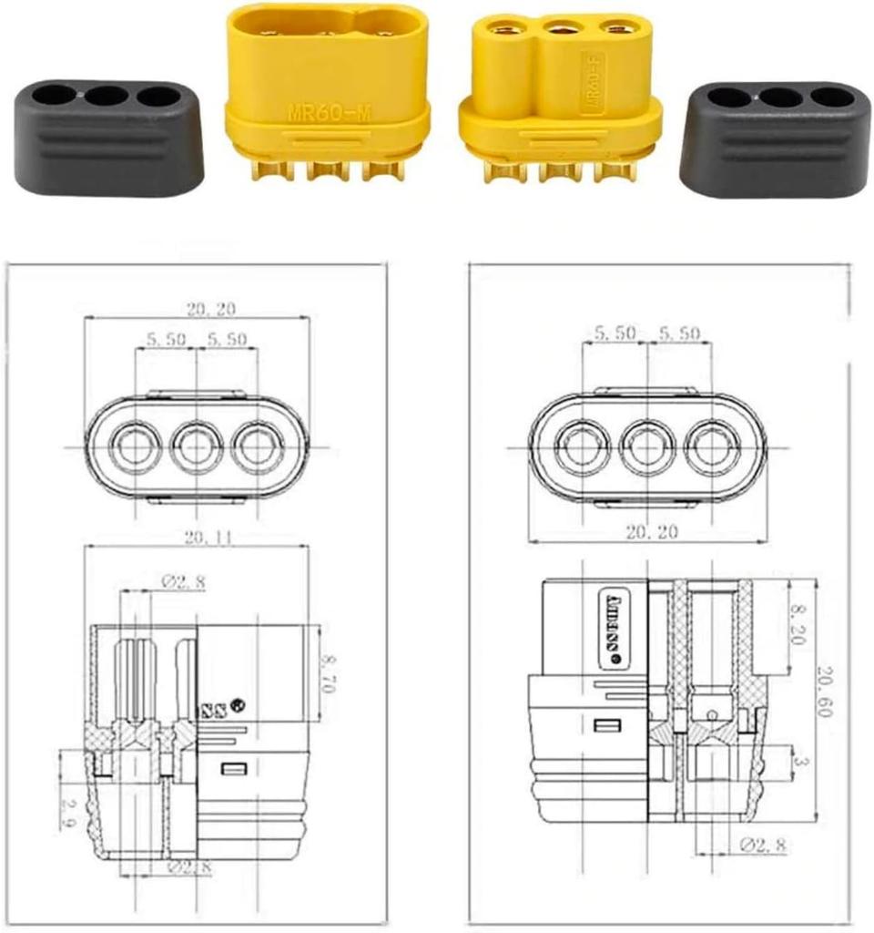 MR60 Connector Set 5 Pairs Male-Female for RC LiPo Batteries | Protective Shell Included | High Quality for Drone, ESC, Motor