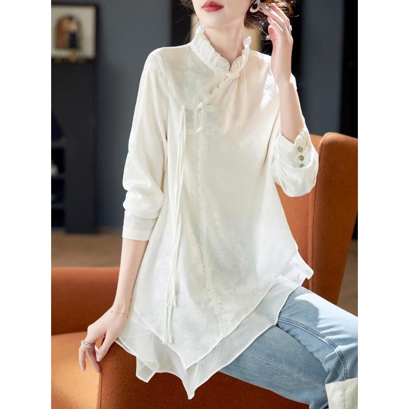 Шикарная блузка с пряжкой, расписанная тушью, для женщин - неровный подол, летний стиль, топ с шифоновыми рукавами