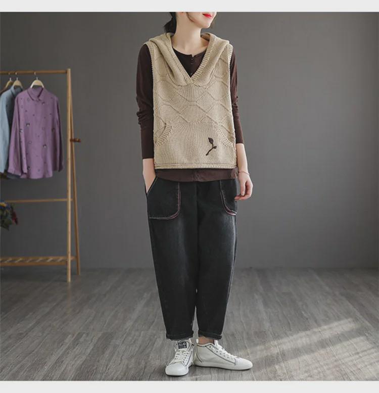 Ladies' Hooded Retro Knit Vest - 2024 Spring/Autumn Waistcoat Layered Top