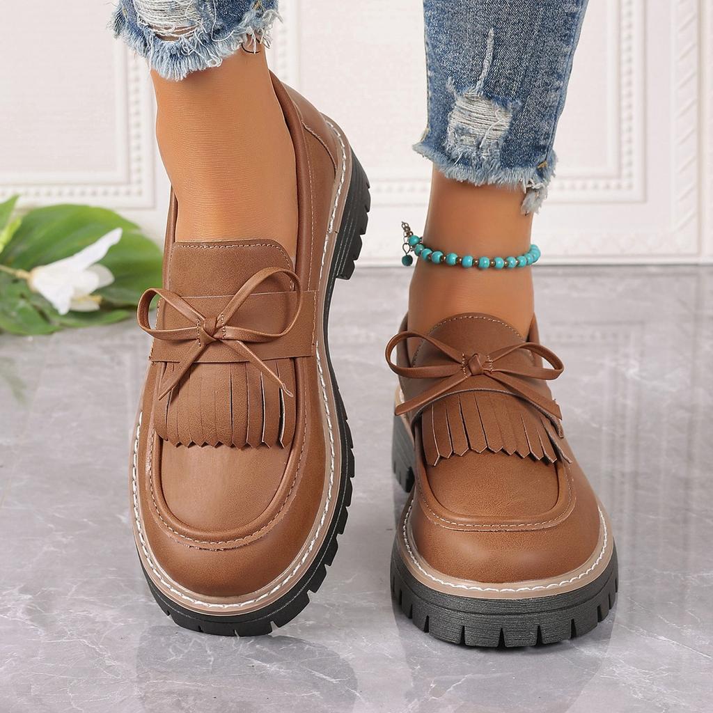 Women's Wide Width Loafer Flats, Tassel & Bowknot Chunky Heel Oxfords, European Style Winter Shoes for Women
