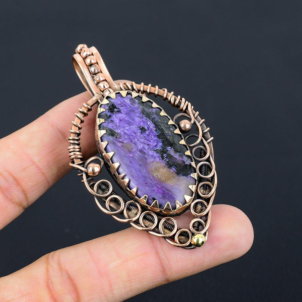 Драгоценный камень чароит ручной работы из чистой медной проволоки, завернутый в подвеску, ювелирное изделие на День памяти