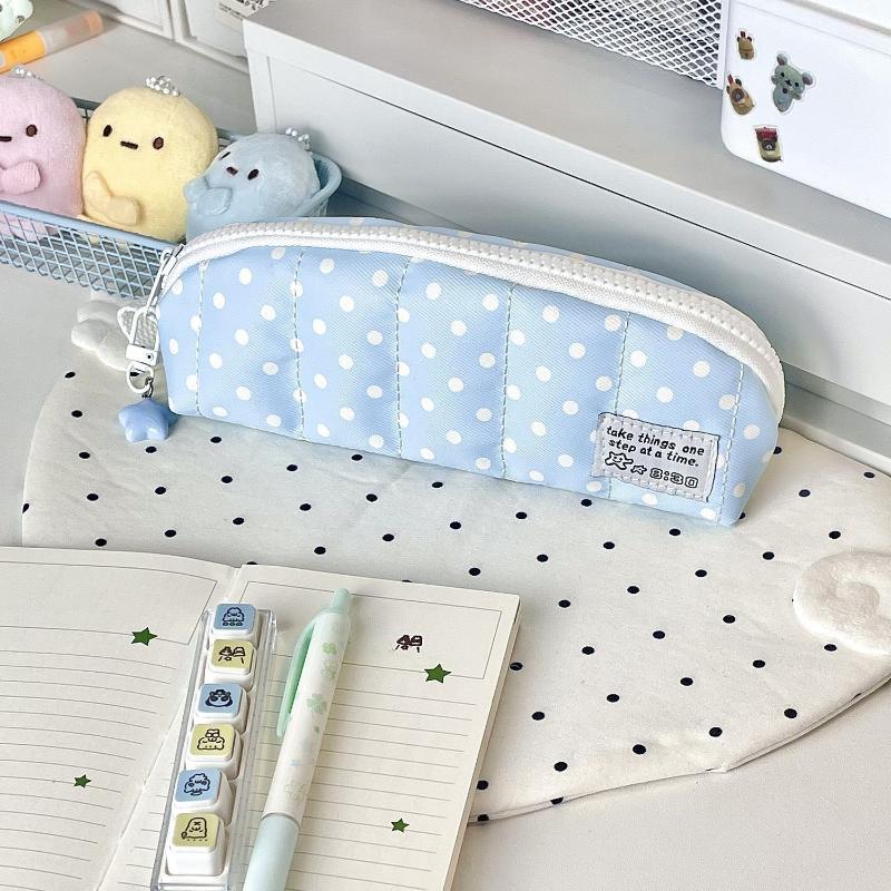 Polka Dot Pencil Case Soft Padded Durable Zipper Dustproof Stationery Organizer for Students School Business Trip Use