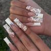 24 шт., кусочки дизайна ногтей, хрустальные цветы, удлиненные, с полным покрытием, простое управление, быстрый маникюр, французский квадратный накладные ногти