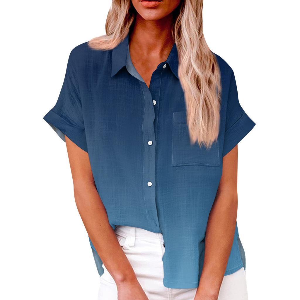 Женская свободная повседневная рубашка с короткими рукавами и пуговицами с градиентным принтом и карманами
