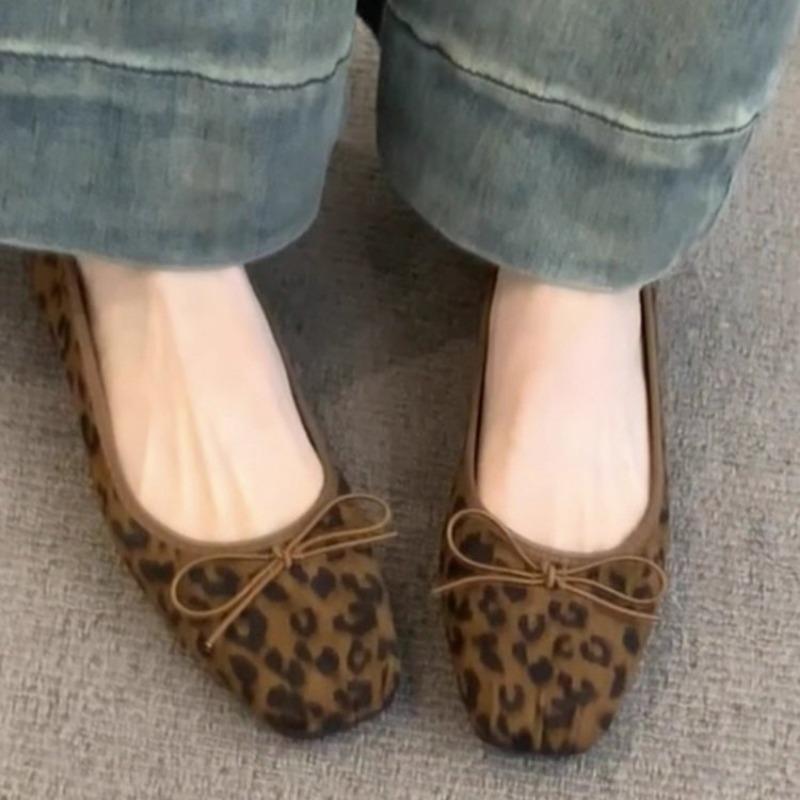 Женские осенние туфли-лодочки с квадратным носком и леопардовым принтом, с бантом, для балета и вечерних выходов
