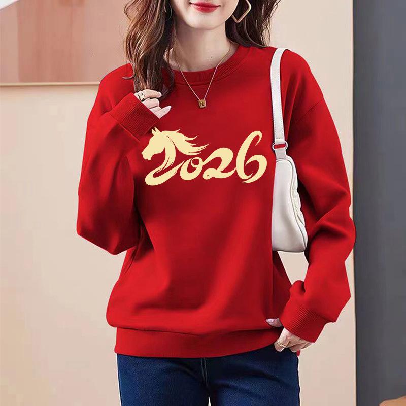 2026 Red Round Neck  Lined Sweatshirt Women's New Year Print Top Spring Autumn Fashion Comfortable Breathable  Hoodie