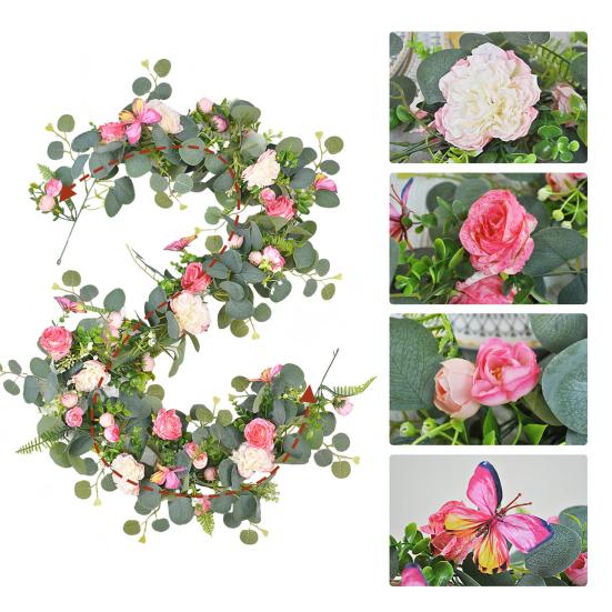 Artificial Eucalyptus Garland with Peony Flower Faux Floral Greenery Garland for Wedding Party Table Centerpiece Room Backdrop Decor