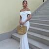 Осеннее новое европейское и американское стиль бандо на одно плечо темпераментное облегающее платье-миди на тонких бретельках с открытой спиной