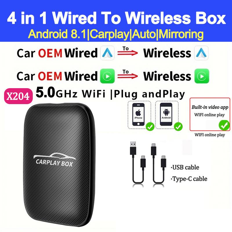 4 в 1 Carplay Ai Box Android Auto Беспроводной адаптер Carplay Car Multimedia Player Поддержка YouTube Netflix Car Streaming