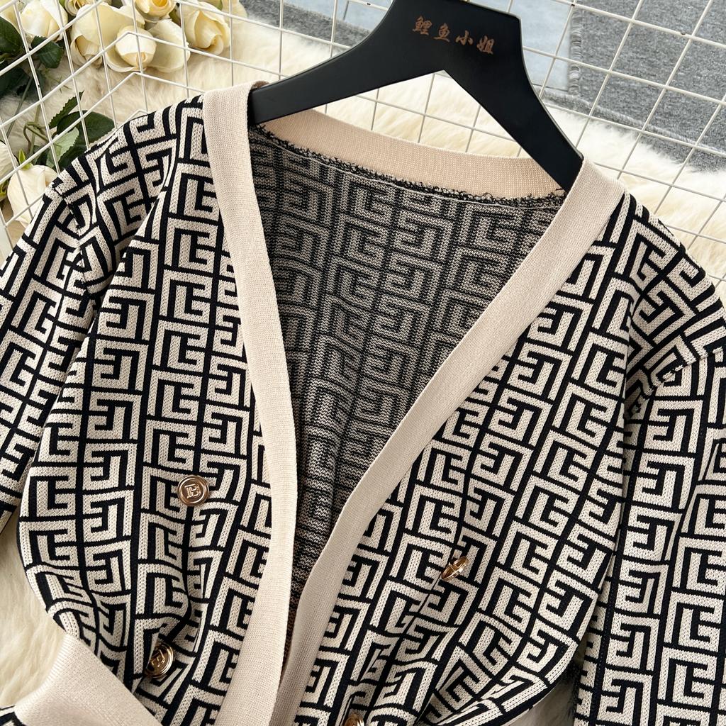 Осень Зима Винтаж Бренд Дизайнерский Принт Вязаный Свитер Брюки Комплект Из 3 Частей Женский Спортивный Костюм Кардиганы С Длинными Рукавами Жилет До щиколотки Брюки Наряды