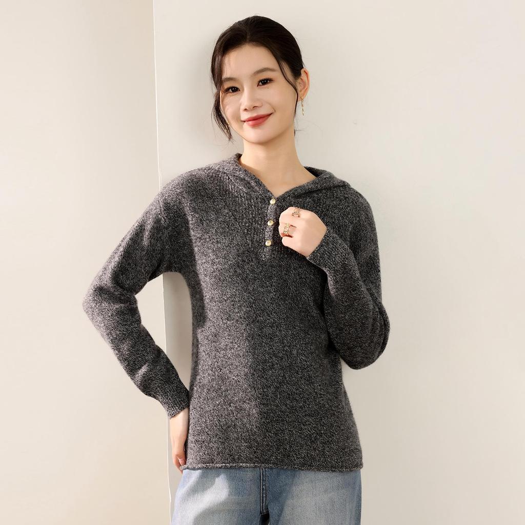 Women's 100% Pure Wool Half-Zip Hooded Sweater with Gold Buttons - New Autumn/Winter Fashion