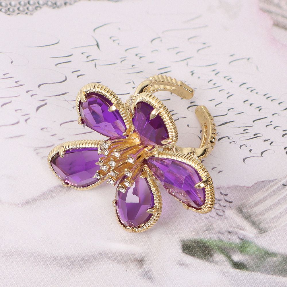 Women Girl Exaggerated Shine Rhinestone Flower Fairy Ring Open Adjustable Big Flower Crystal Ring